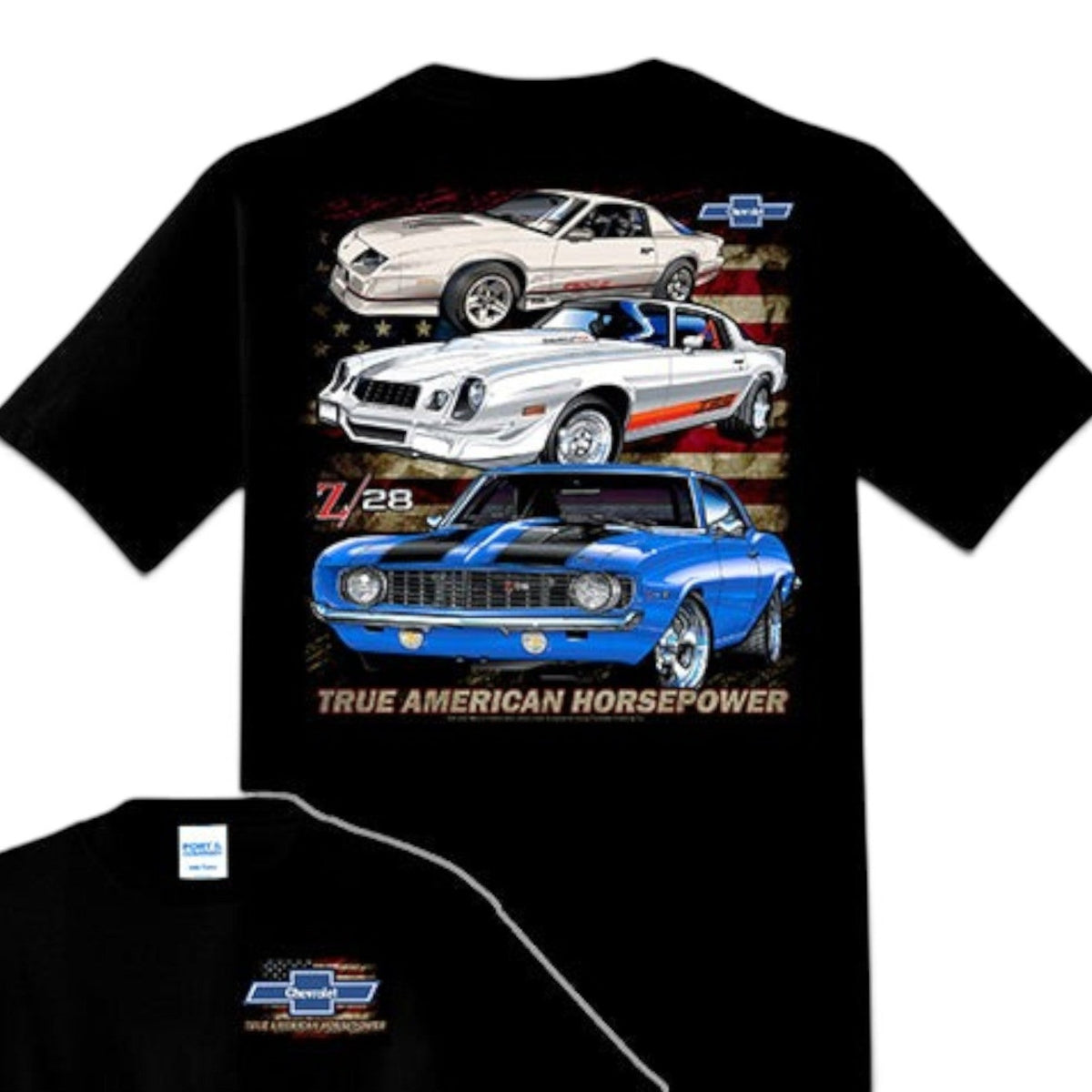T-Top Vibes black cotton t-shirt featuring Chevrolet Camaro classic cars, American flag, and horsepower graphic.