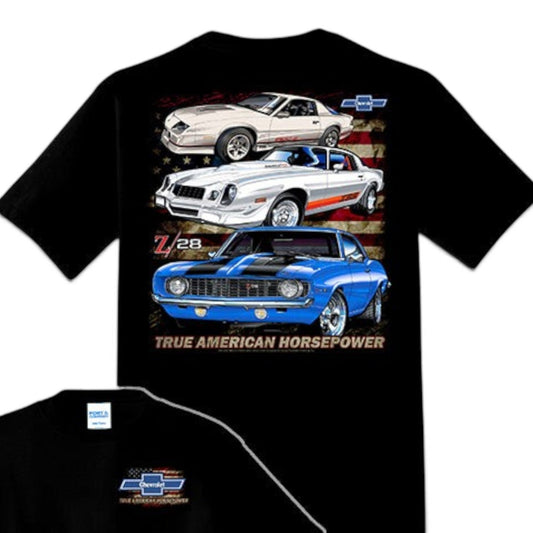 T-Top Vibes black cotton t-shirt featuring Chevrolet Camaro classic cars, American flag, and horsepower graphic.