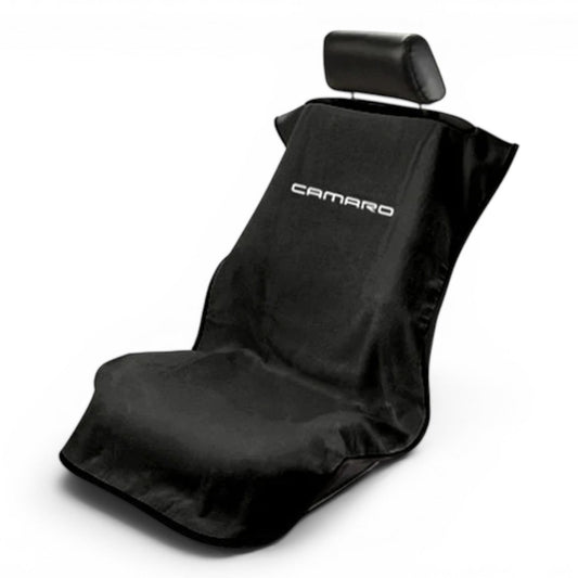 T-Top Vibes black cotton terry velour Chevrolet Camaro car seat cover towel with white logo