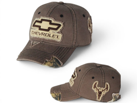T-Top Vibes khaki Chevrolet cap with embroidered logo, frayed buck-camo side patch, and distressed brim detail.