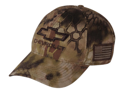 T-Top Vibes Chevrolet tactical camo cap with embroidered bowtie logo and tonal American flag patch on the side.