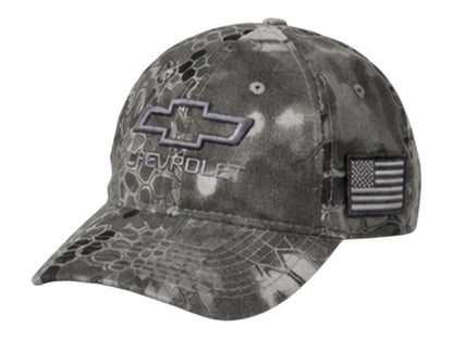 T-Top Vibes Chevrolet tactical camo cap with embroidered bowtie logo and tonal American flag patch on the side.