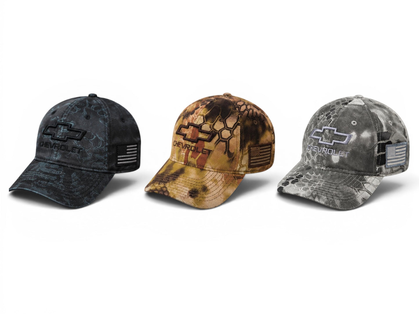 T-Top Vibes Chevrolet tactical camo caps in black, brown, and grey with embroidered bowtie logo and flag patch.