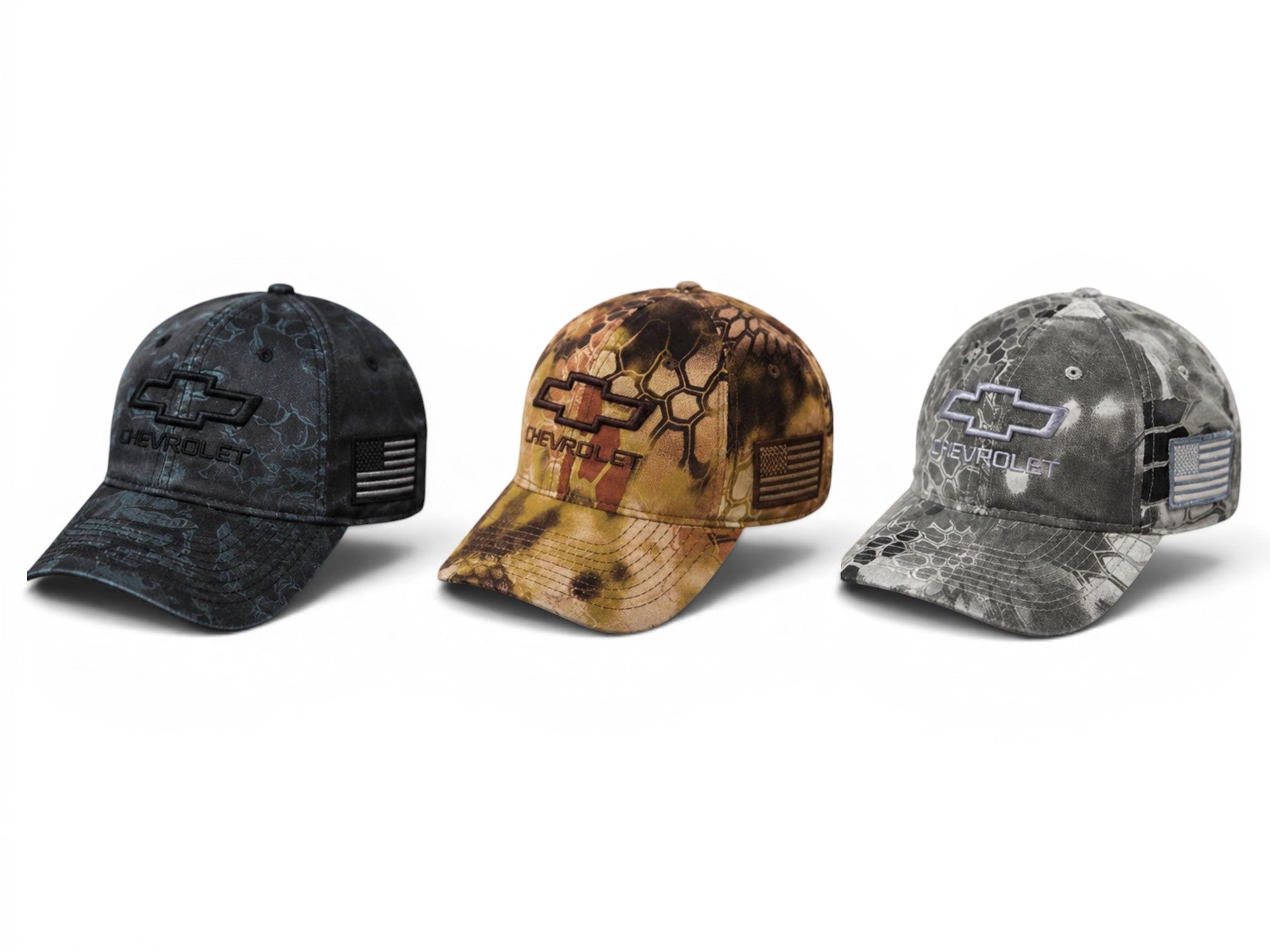T-Top Vibes Chevrolet tactical camo caps in black, brown, and grey with embroidered bowtie logo and flag patch.
