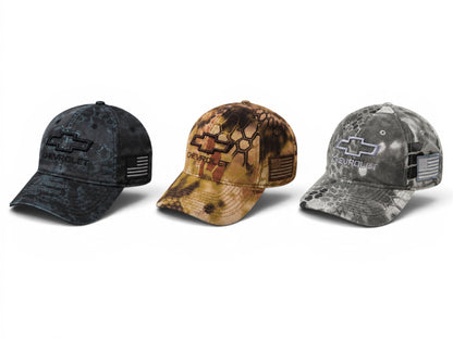 T-Top Vibes Chevrolet tactical camo caps in black, brown, and grey with embroidered bowtie logo and flag patch.