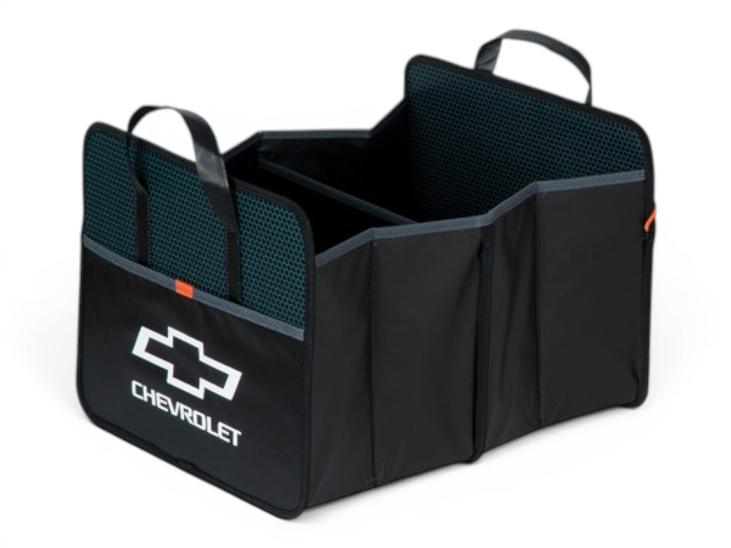 T-Top Vibes black Chevrolet Bowtie foldable cargo box with honeycomb accents and reinforced carry handles.