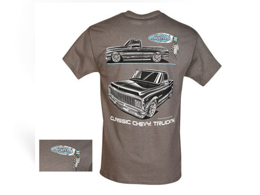T-Top Vibes charcoal cotton T-shirt featuring back screen-printed Chevrolet Cheyenne truck graphics and logo detail.