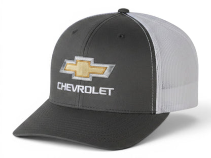 T-Top Vibes Chevrolet trucker cap with a grey front, white mesh back, and embroidered gold bowtie logo.