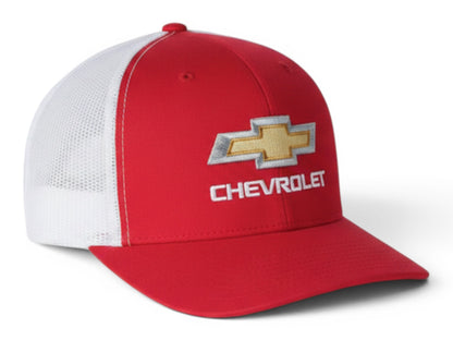 T-Top Vibes red and white retro trucker cap featuring an embroidered gold Chevrolet Bowtie logo and mesh back