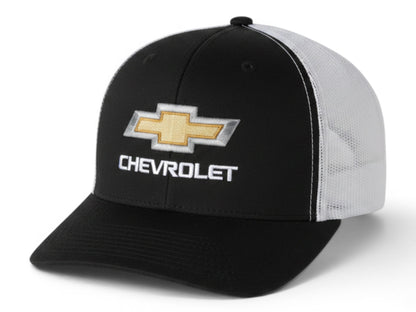 T-Top Vibes Chevrolet trucker cap featuring a black front, white mesh back, and an embroidered gold bowtie logo.