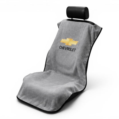 T-Top Vibes gray cotton terry velour car seat towel with Chevrolet logo for universal vehicle protection