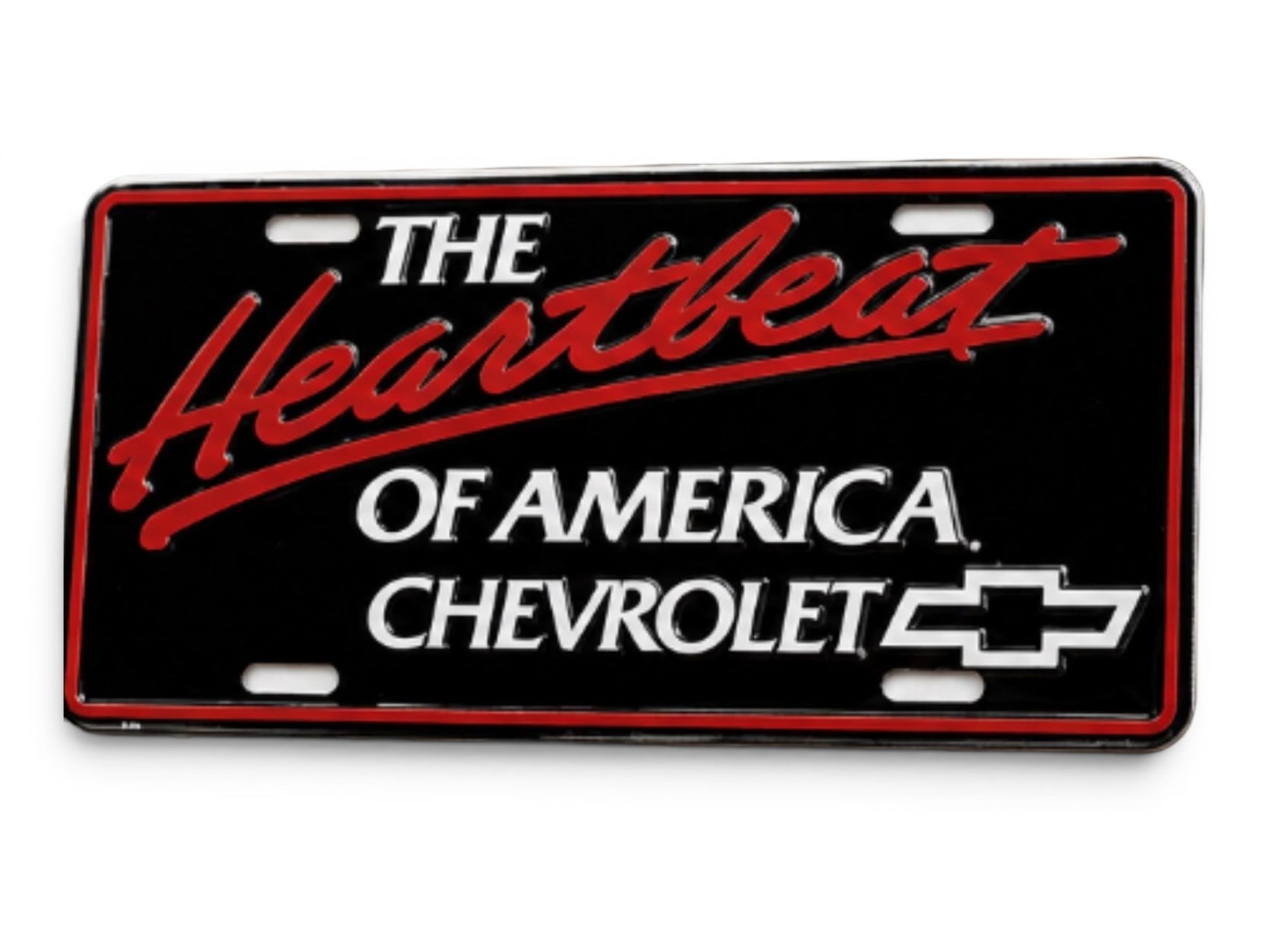 T-Top Vibes Heartbeat of America Chevrolet embossed metal license plate with classic black and red vintage design.