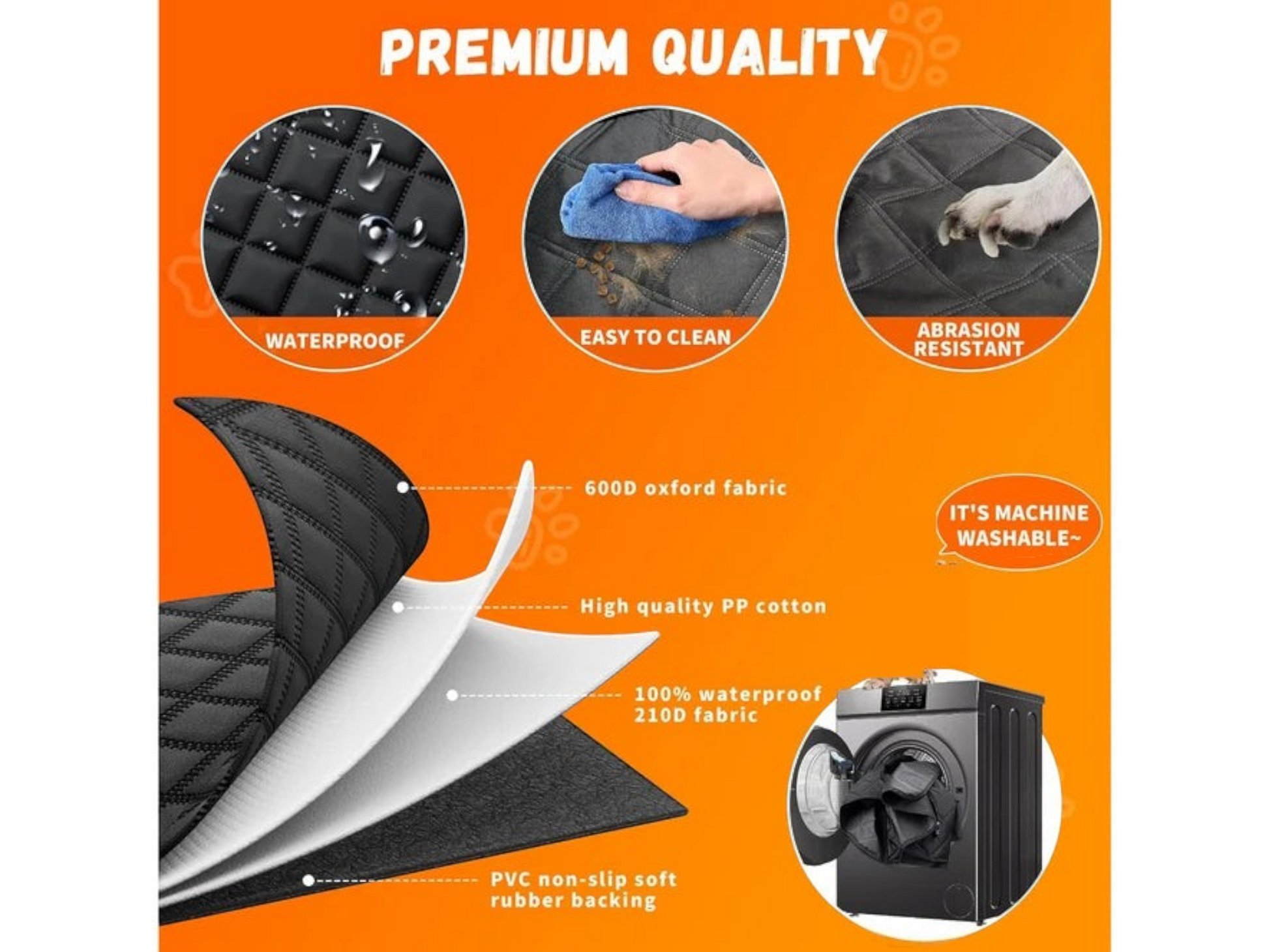 T-Top Vibes Chevrolet pet hammock features showing waterproof, scratch-resistant 600D Oxford fabric and machine washability