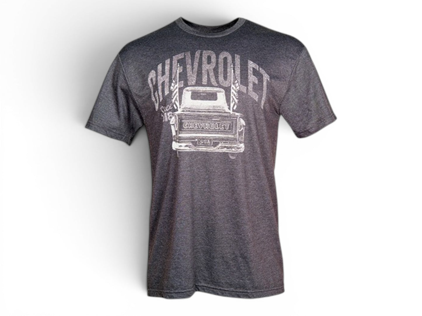 T-Top Vibes heather charcoal t-shirt featuring a distressed vintage Chevrolet pickup truck graphic and logo.