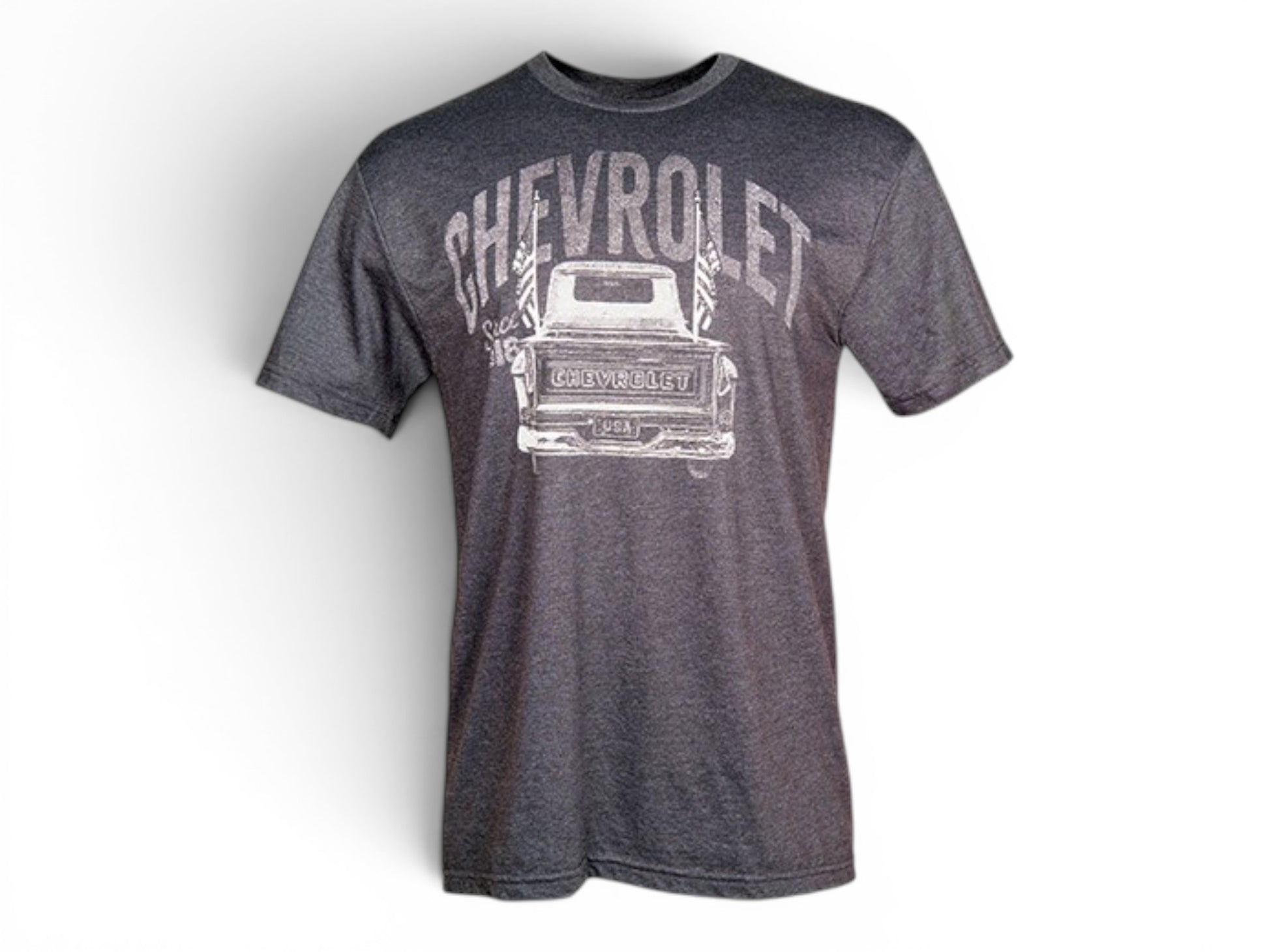 T-Top Vibes heather charcoal t-shirt featuring a distressed vintage Chevrolet pickup truck graphic and logo.