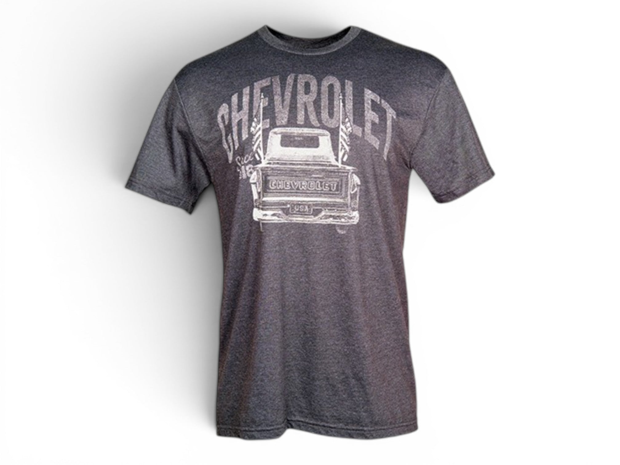 T-Top Vibes heather charcoal t-shirt featuring a distressed vintage Chevrolet pickup truck graphic and logo.
