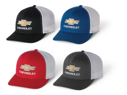T-Top Vibes Chevrolet Gold Bowtie trucker caps in black, blue, red, and grey with white mesh backs and embroidered logos.