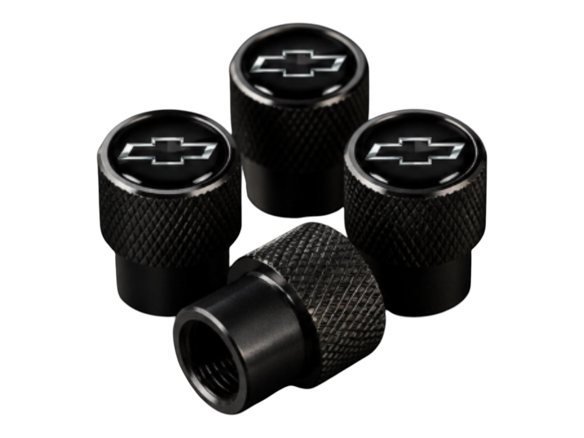 T-Top Vibes set of four black anodized aluminum Chevrolet Bowtie valve stem caps with diamond-cut grip.