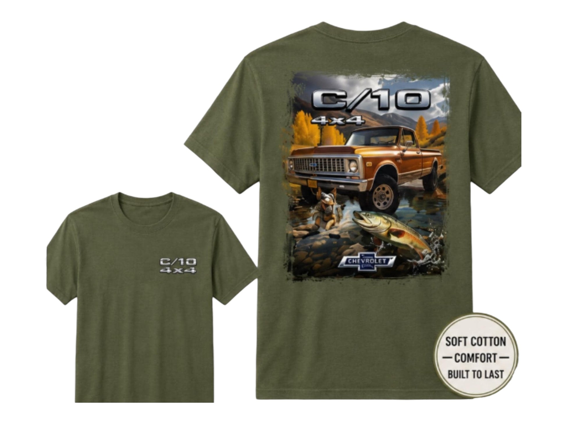 T-Top Vibes military green cotton T-shirt featuring a Chevy C/10 4x4 truck graphic on the back and chest logo.