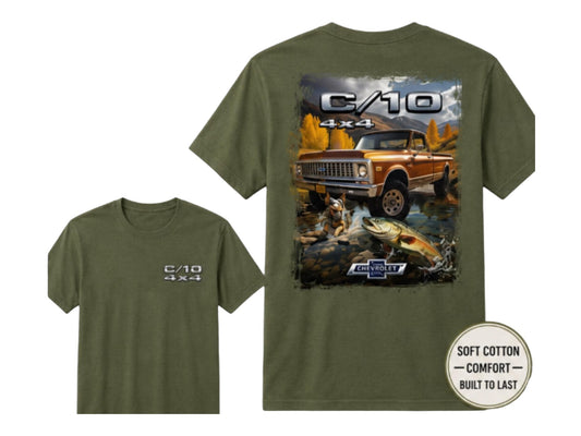 T-Top Vibes military green cotton T-shirt featuring a Chevy C/10 4x4 truck graphic on the back and chest logo.