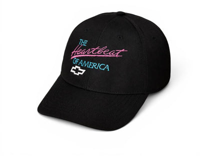 T-Top Vibes black cotton baseball cap featuring retro pink and turquoise Heartbeat of America embroidery and Chevy logo.