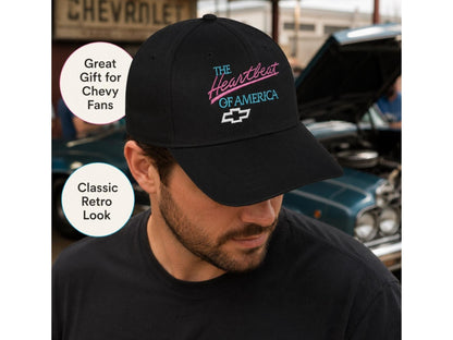 T-Top Vibes black cotton baseball cap with retro pink and turquoise Heartbeat of America embroidery and Chevy logo