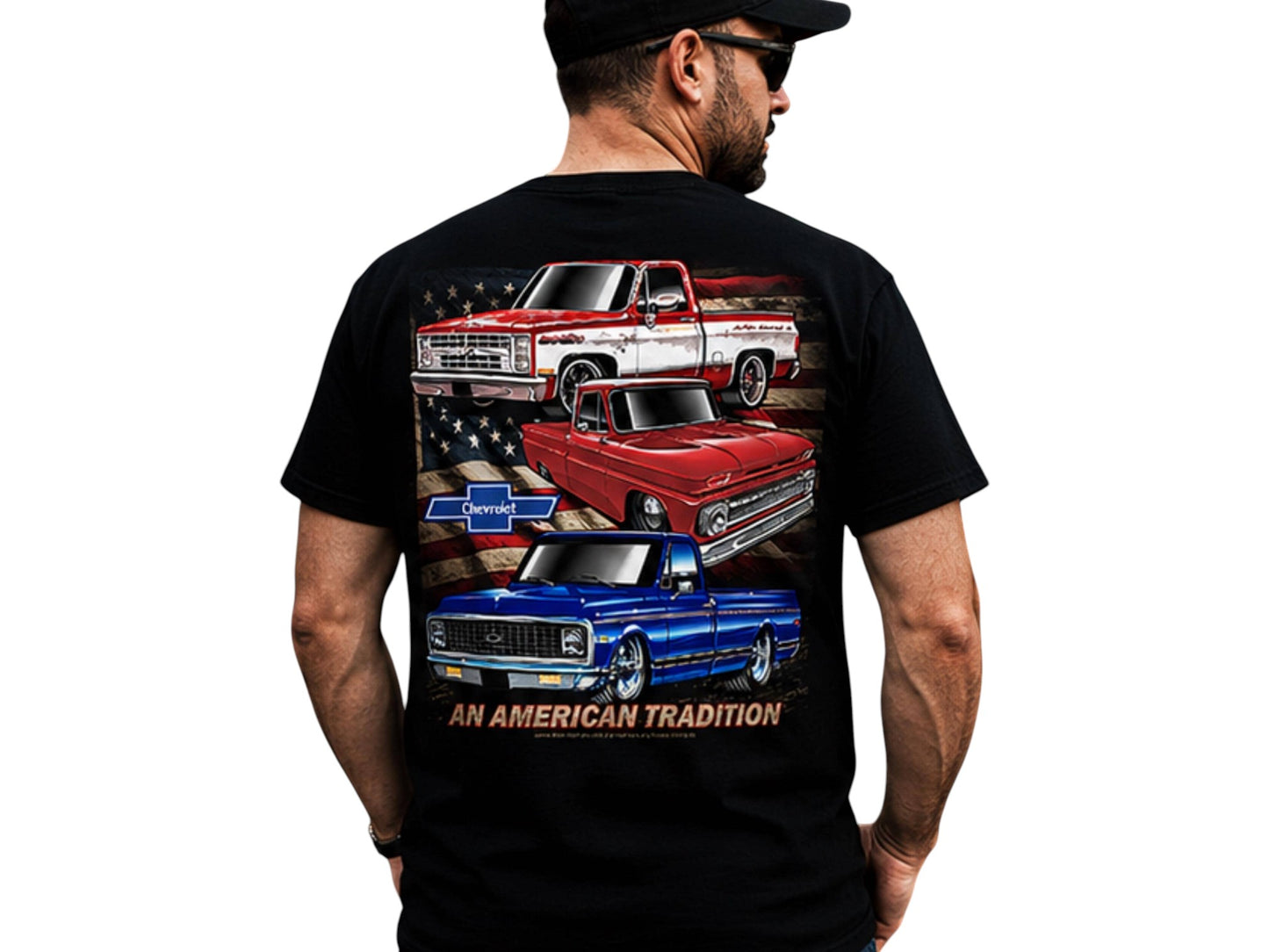 T-Top Vibes black cotton t-shirt featuring a back graphic of three classic Chevrolet truck generations and US flag.
