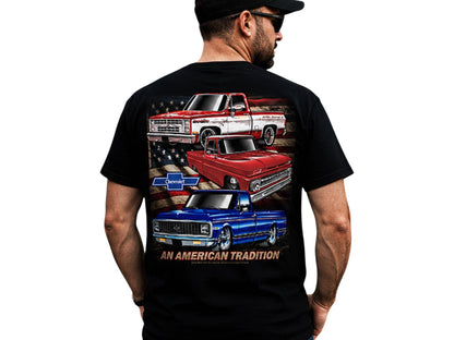 T-Top Vibes black cotton t-shirt featuring a back graphic of three classic Chevrolet truck generations and US flag.