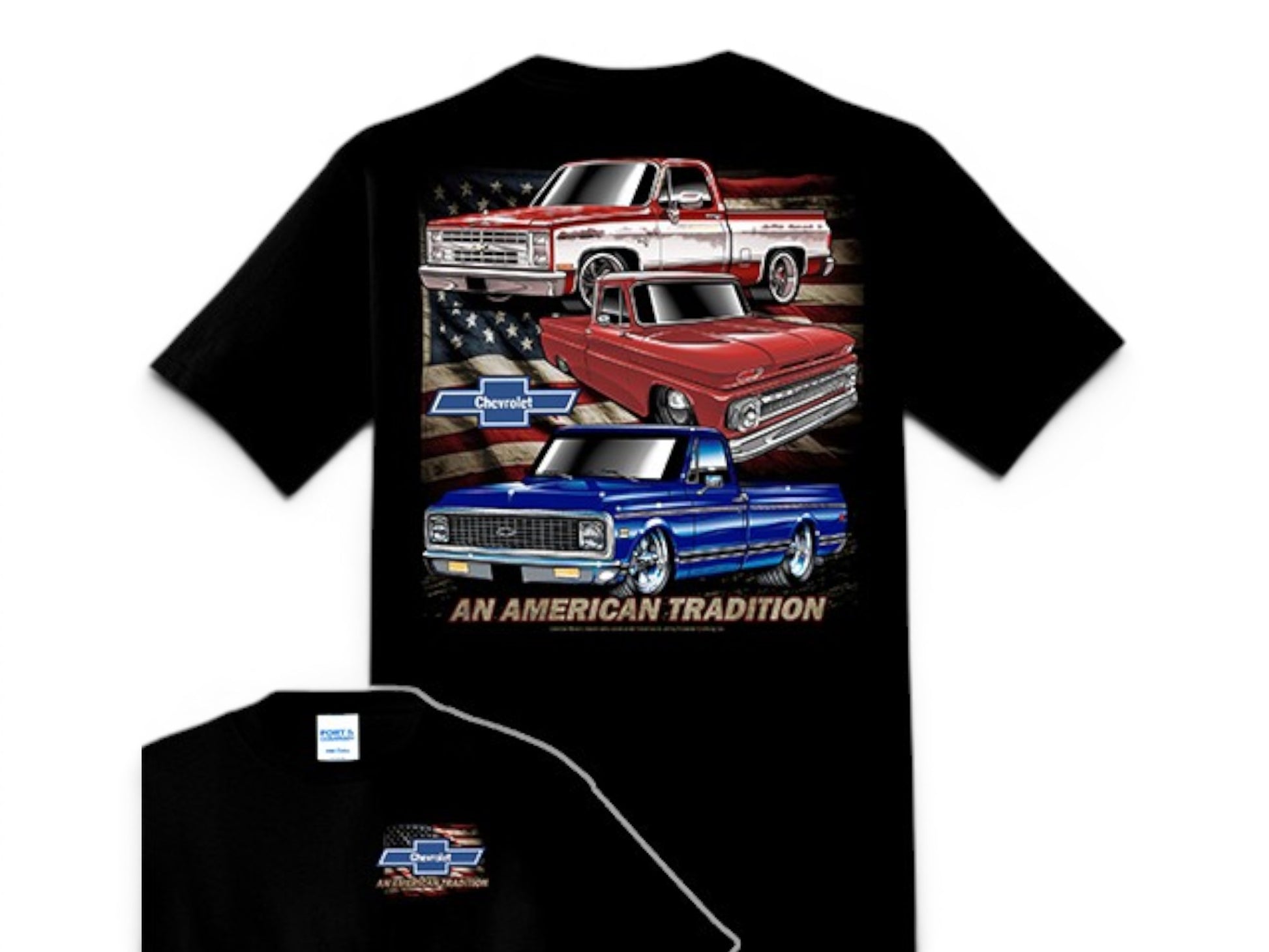 T-Top Vibes black cotton t-shirt featuring a back graphic of three classic Chevy trucks over an American flag