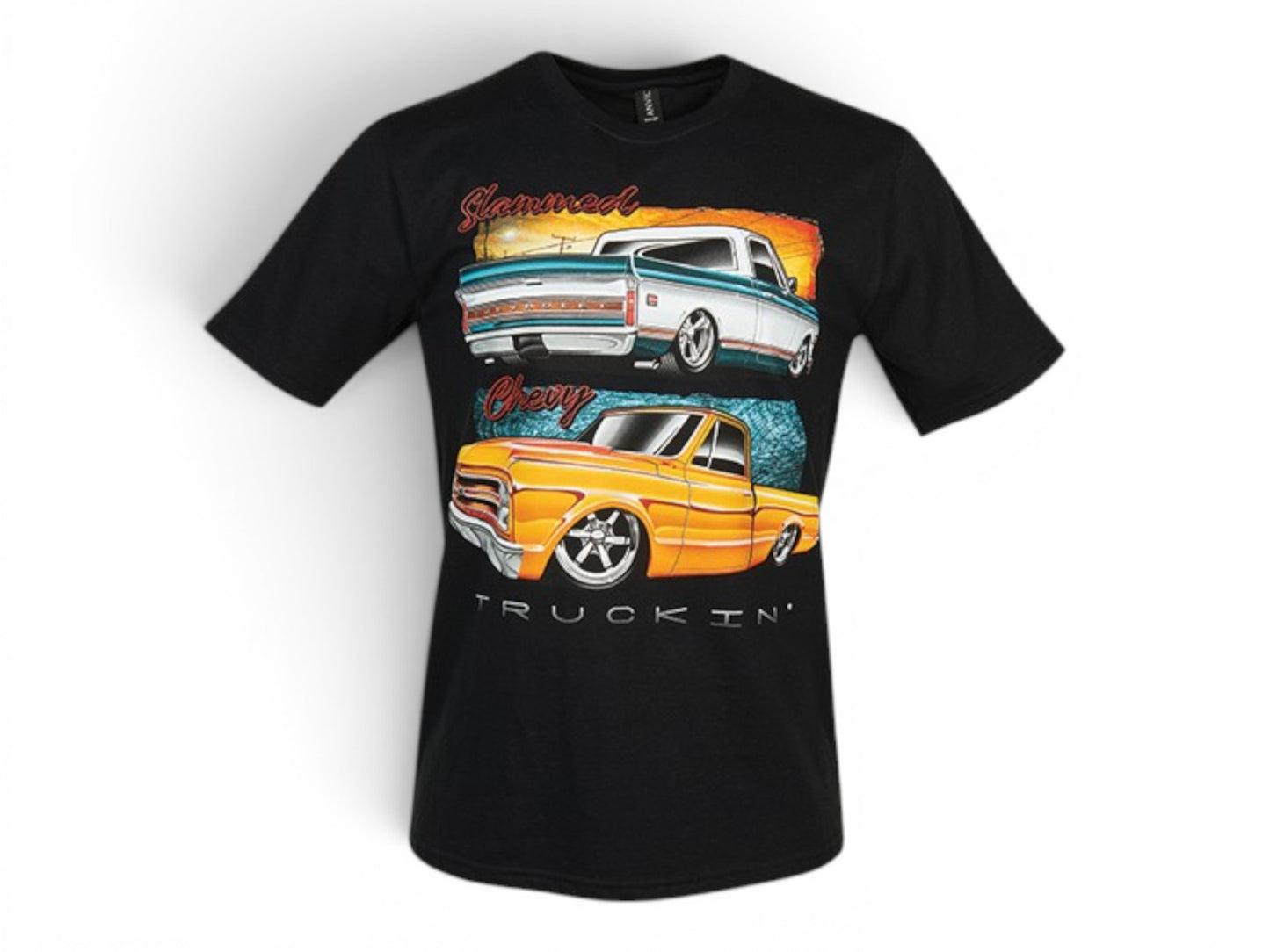 T-Top Vibes black ringspun cotton t-shirt featuring a vibrant graphic of two lowered custom Chevrolet pickup trucks.