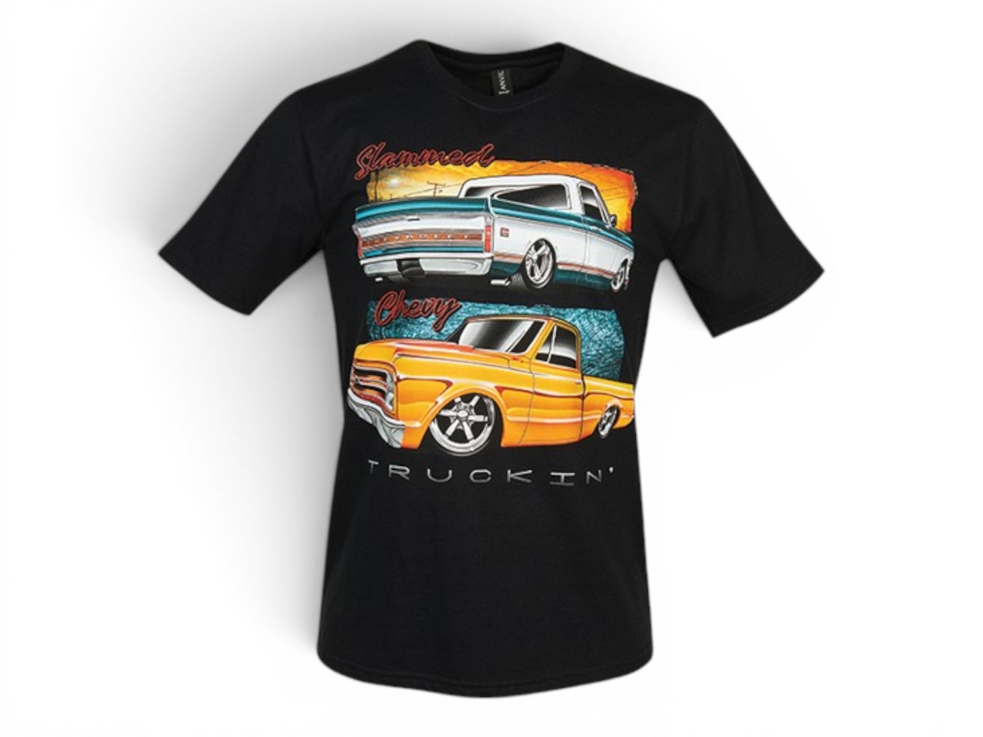 T-Top Vibes black ringspun cotton t-shirt featuring a vibrant graphic of two lowered custom Chevrolet pickup trucks.