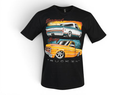 T-Top Vibes black ringspun cotton t-shirt featuring a vibrant graphic of two lowered custom Chevrolet pickup trucks.