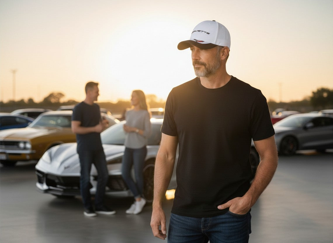 T-Top Vibes Corvette baseball cap with white crown, carbon-look bill, and embroidered C8 flags at a car show.