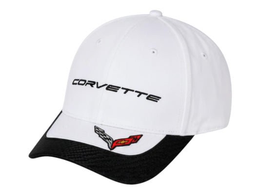 T-Top Vibes white baseball cap with black brim and embroidered Corvette logo and lettering