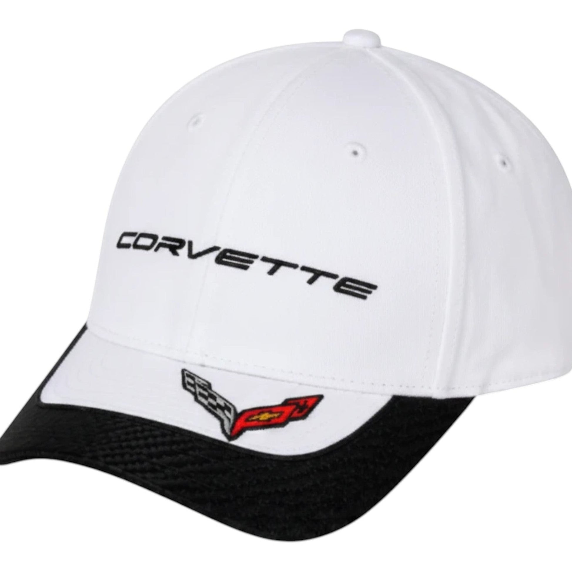T-Top Vibes white baseball cap with black brim and embroidered Corvette logo and lettering