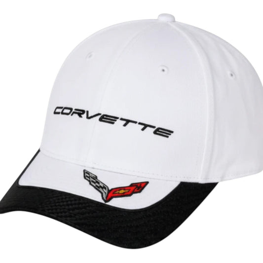 T-Top Vibes white baseball cap with black brim and embroidered Corvette logo and lettering