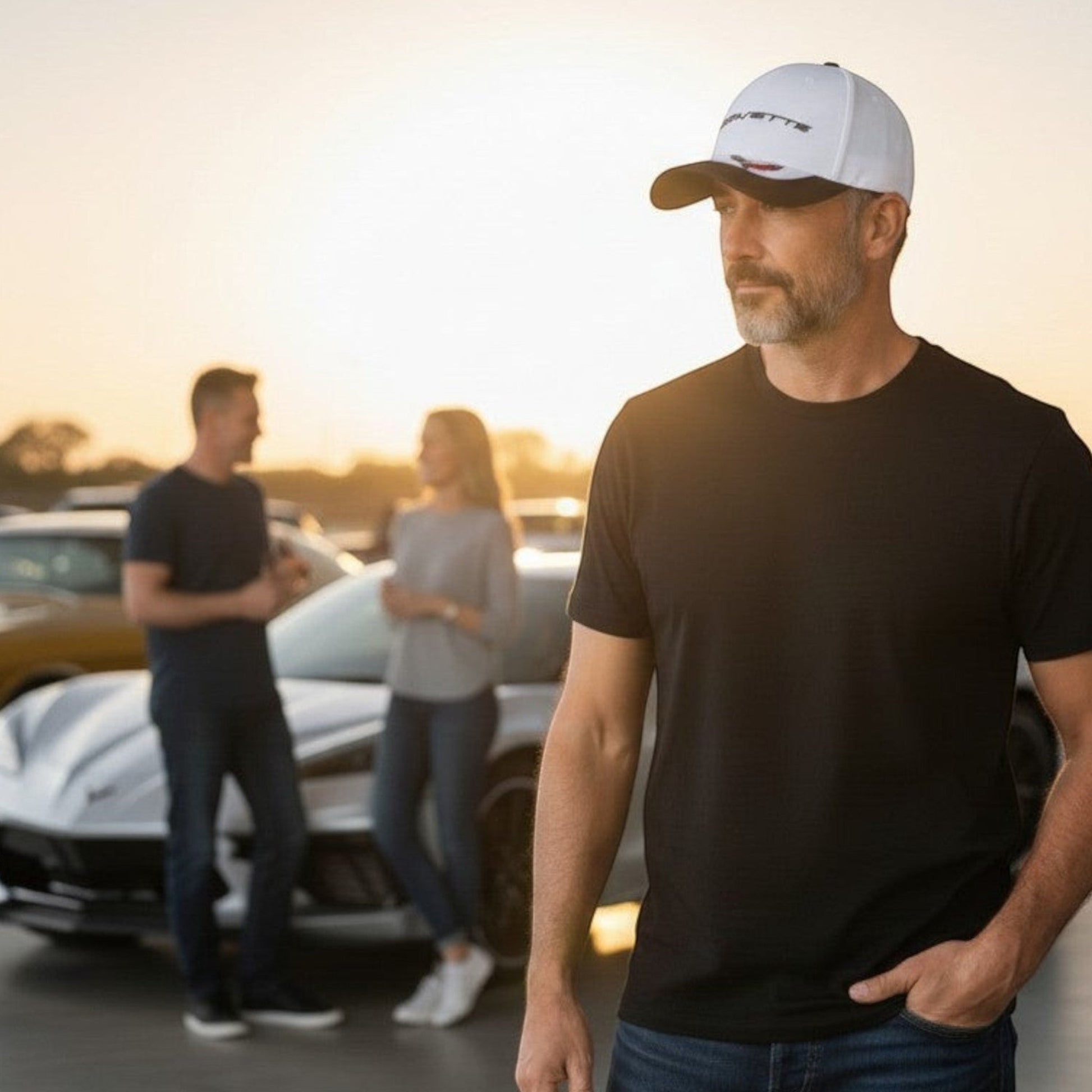 T-Top Vibes Corvette baseball cap with white crown, carbon-look bill, and embroidered C8 flags at a car show.