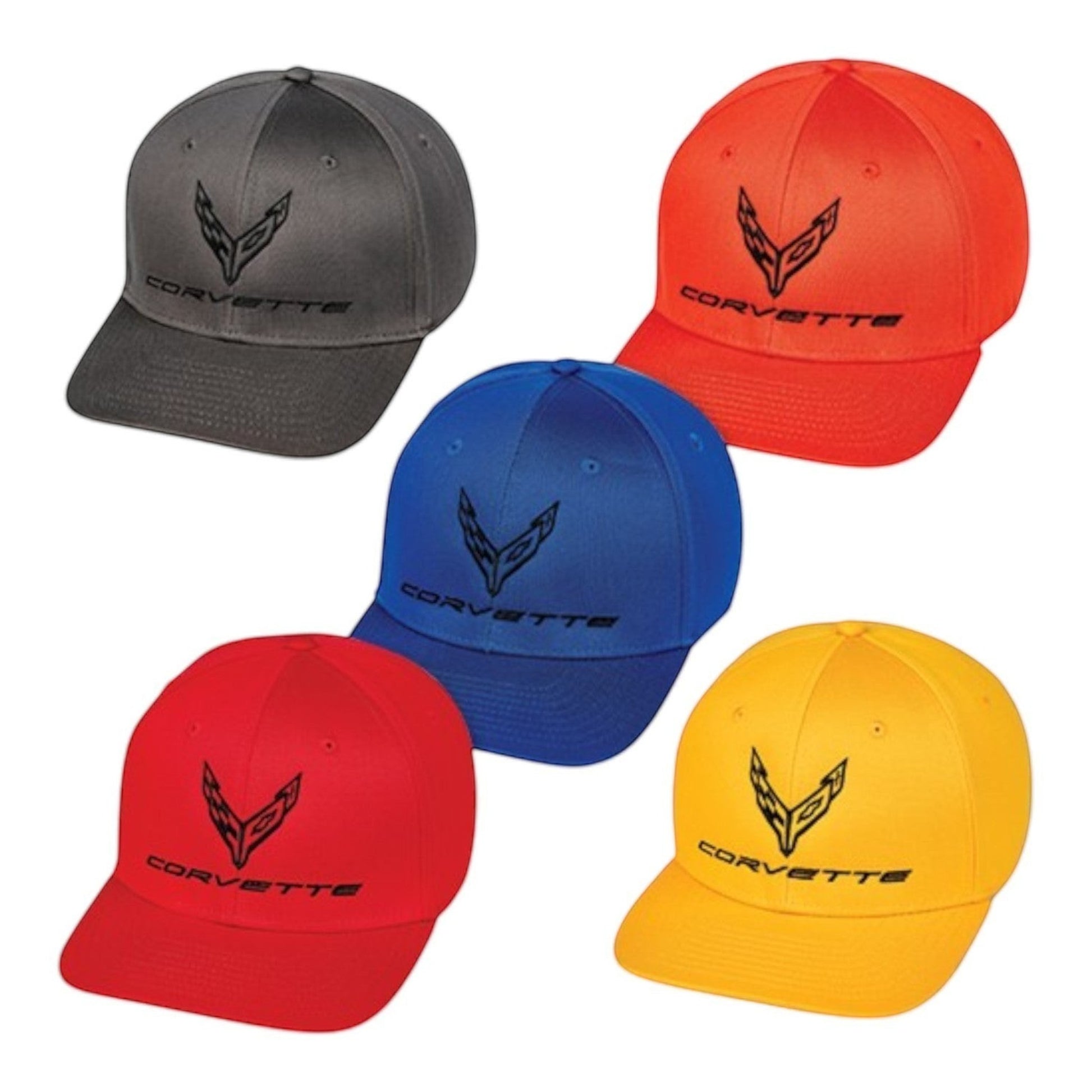 T-Top Vibes Corvette baseball caps in charcoal, orange, royal blue, red, and gold with C8 tonal flag logo