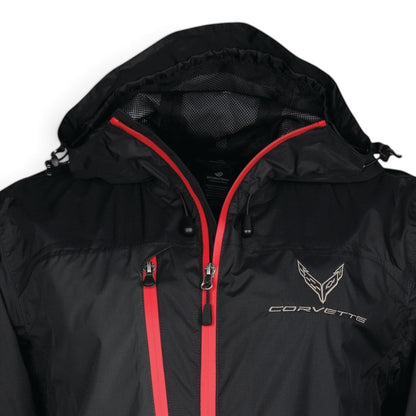 T-Top Vibes Corvette C8 black lightweight ripstop jacket with red zipper accents and adjustable hood