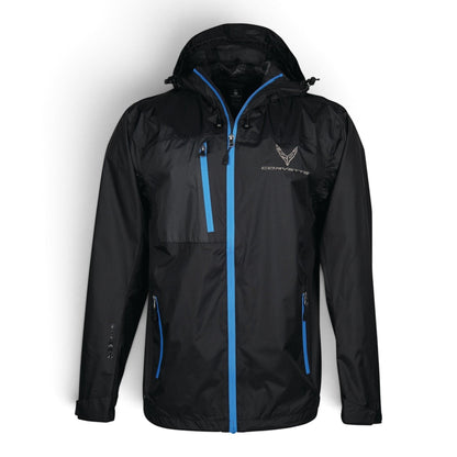 T-Top Vibes black Corvette C8 Stormtech lightweight hooded jacket with blue zipper accents and chest emblem