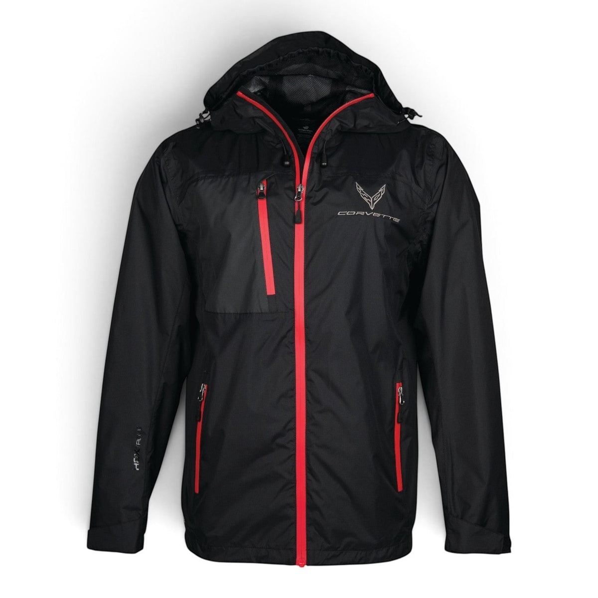 T-Top Vibes Corvette C8 black lightweight ripstop jacket with red zipper accents, hood, and chest emblem