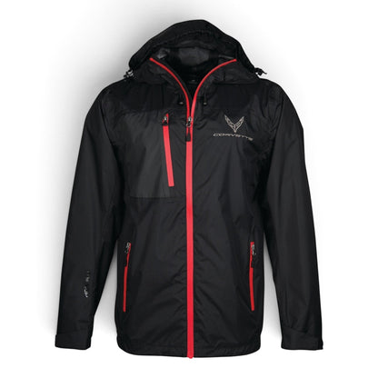 T-Top Vibes Corvette C8 black lightweight ripstop jacket with red zipper accents, hood, and chest emblem