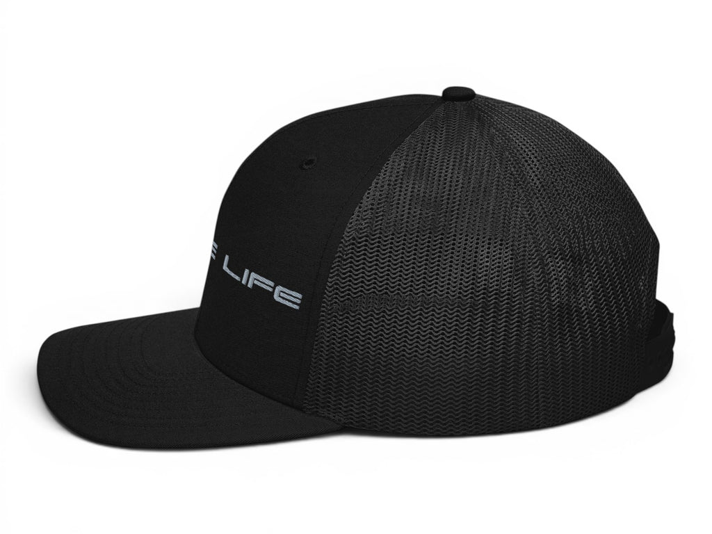 T-Top Vibes Corvette Vette Life black trucker hat with structured front panels and breathable mesh back