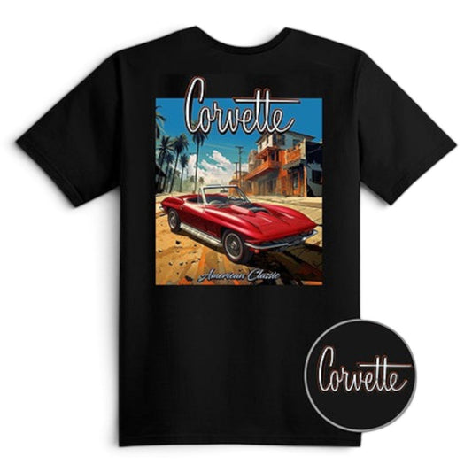 T-Top Vibes black cotton t-shirt featuring a red 1967 Corvette C2 427 graphic on the back and script logo on front