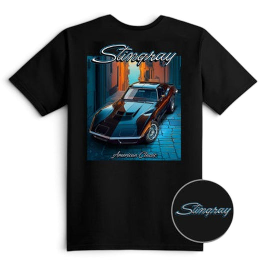 T-Top Vibes black cotton t-shirt featuring a 1972 Corvette C3 Stingray graphic on the back and front logo detail.