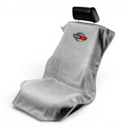 T-Top Vibes grey cotton terry velour Corvette C4 car seat cover towel with official logo on a black headrest