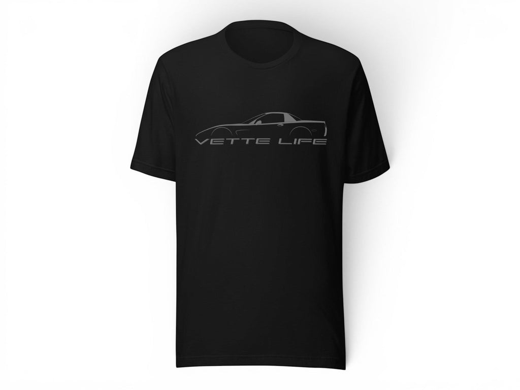 T-Top Vibes black cotton t-shirt featuring a grey Corvette C5 silhouette and Vette Life text graphic