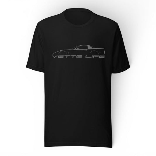 T-Top Vibes black cotton t-shirt featuring a grey Corvette C5 silhouette and Vette Life text graphic