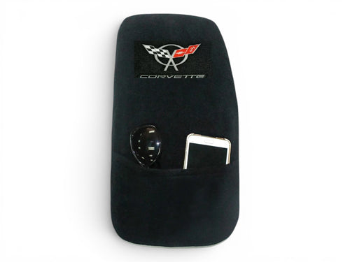 T-Top Vibes black cotton terry velour Corvette C5 console cover with embroidered logo and front storage pocket