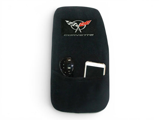 T-Top Vibes black cotton terry velour Corvette C5 console cover with embroidered logo and front storage pocket